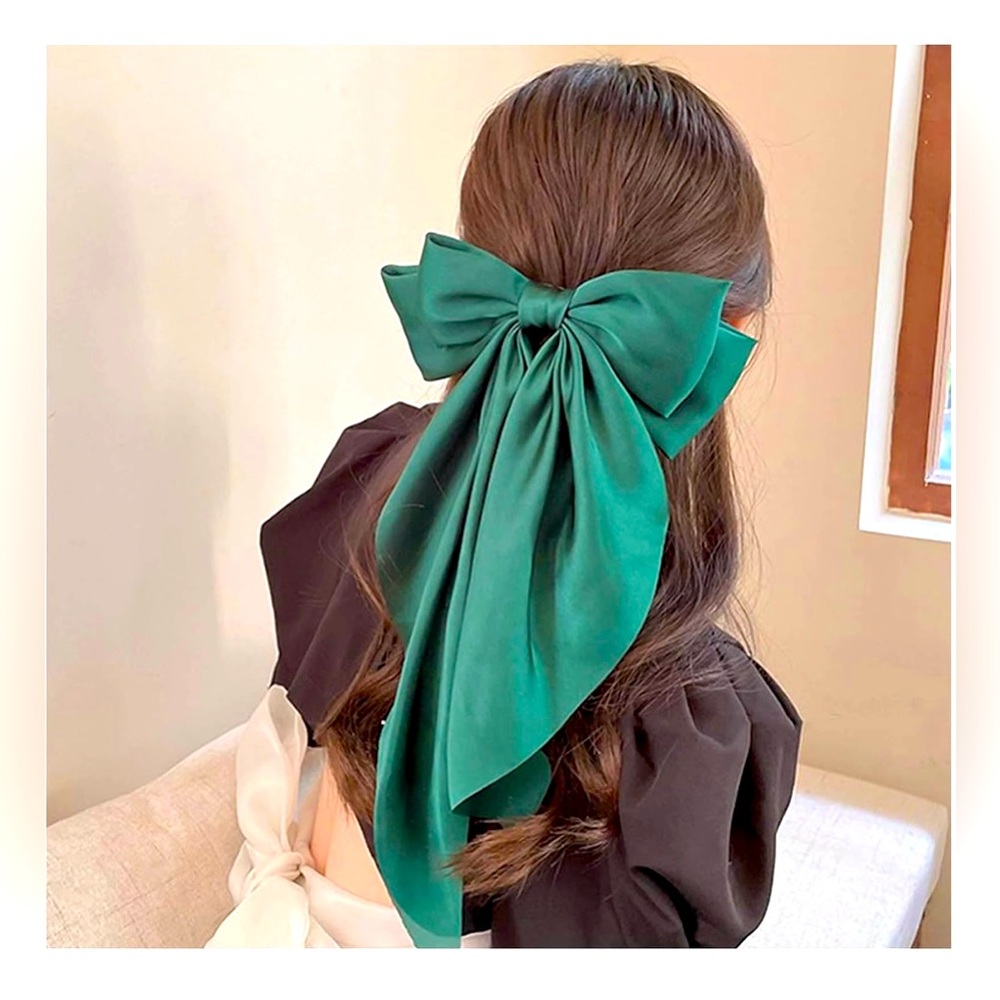 Long green satin hair bow Brand New